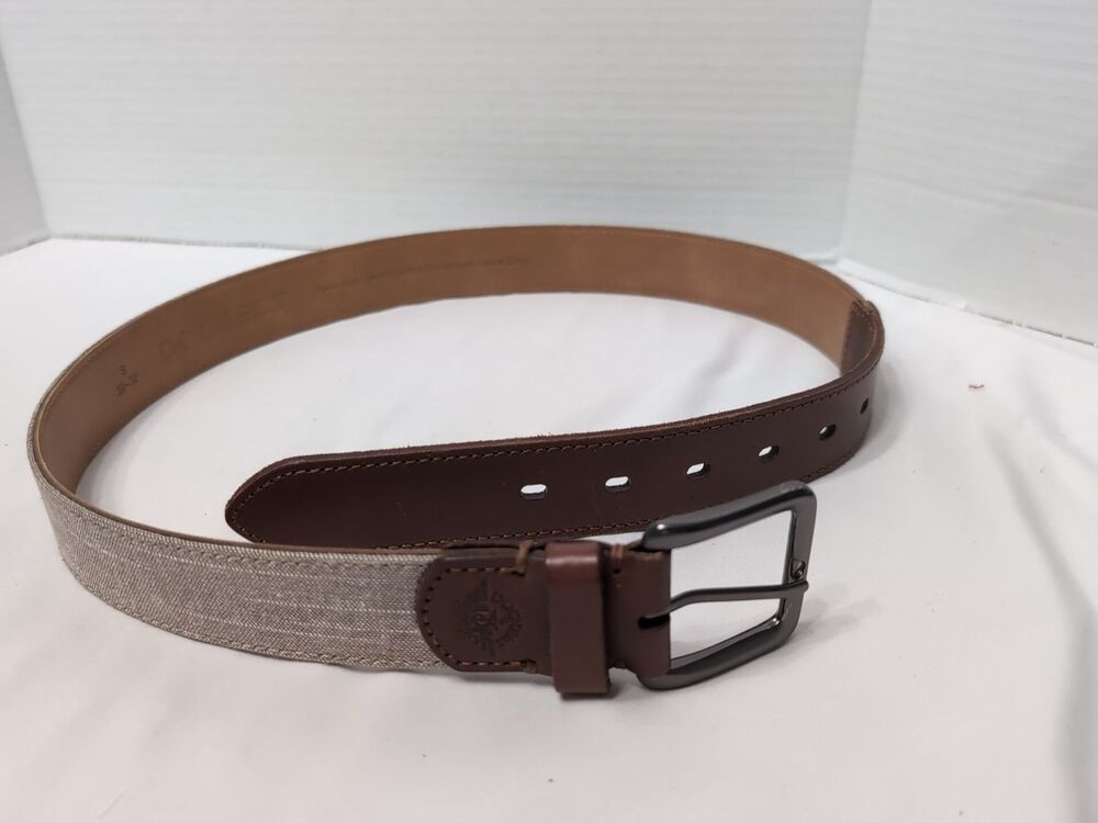 DOCKERS MEN'S casual belt Khaki Canvas Brown Leather Sz 30-32 1-1/4”Wide